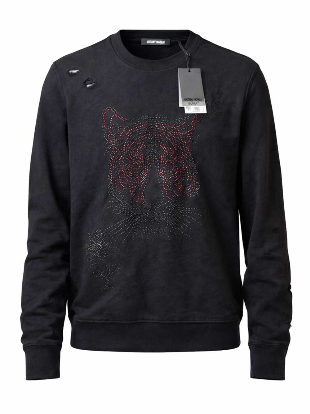 Antony Morato Black Tiger Sweatshirt Rhinestone Graphic Distressed Crewneck L
